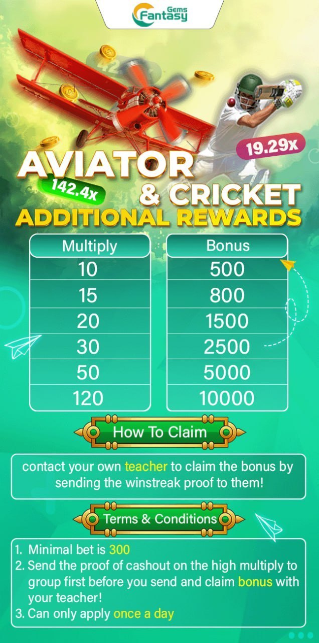 Fantasy Gems Aviator and Cricket Additional Rewards Pakistan